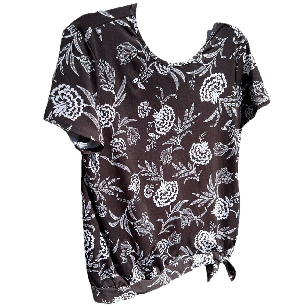 Lands End Womens Knit Pullover Top Shirt Black Floral Size Medium Travel Tie Hem